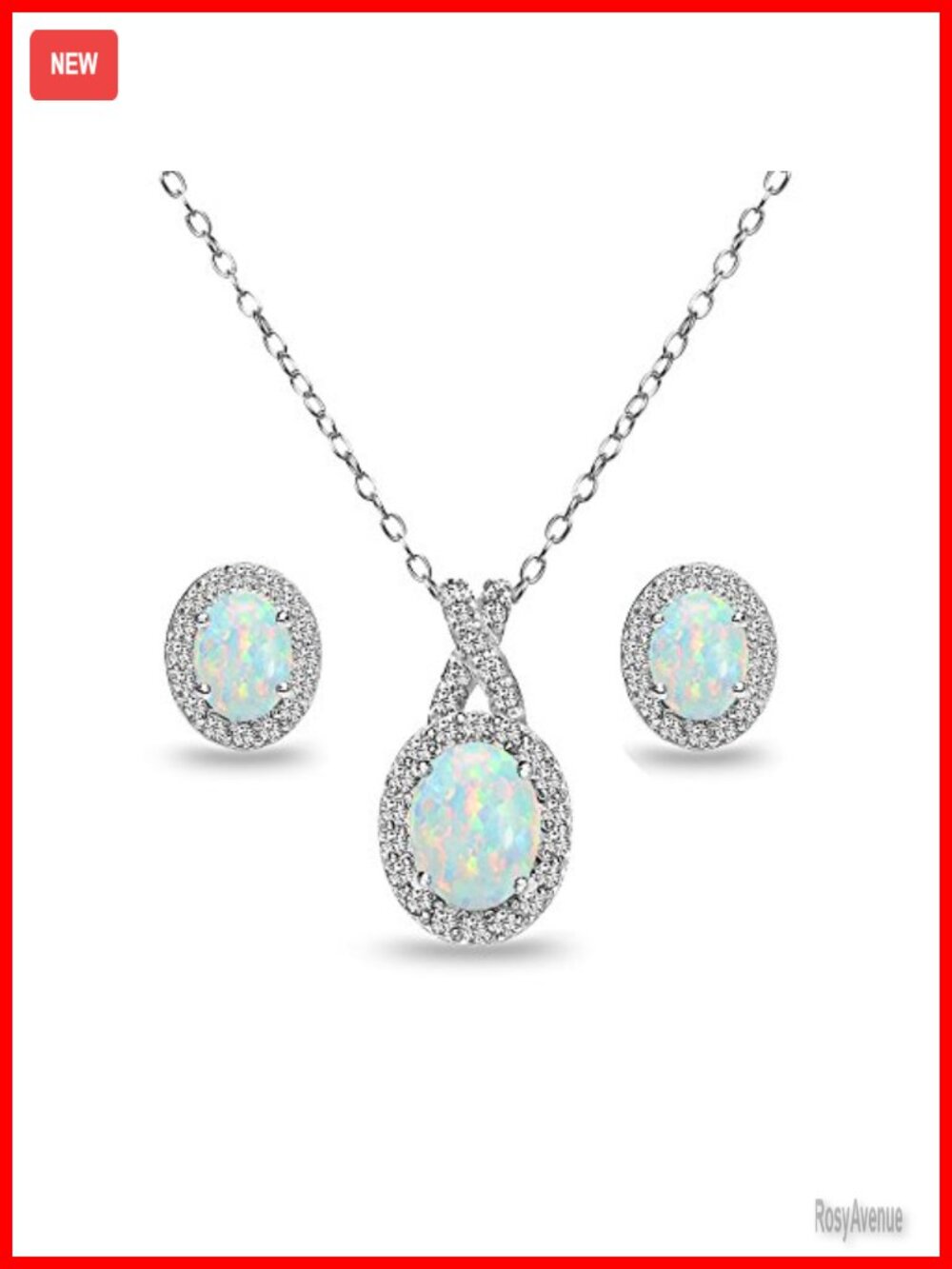 Sterling Silver Opal Halo X Necklace & Earrings Set 18in Rolo Chain